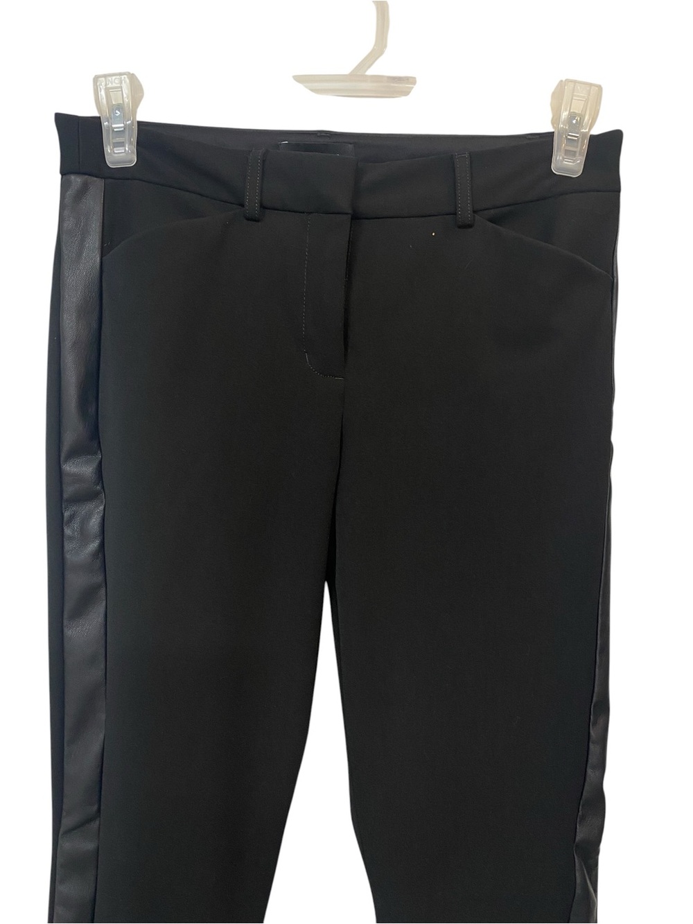 Express Women's size 8 Black Skinny Pants midrise with Faux Leather Side Stripe - Picture 2 of 7